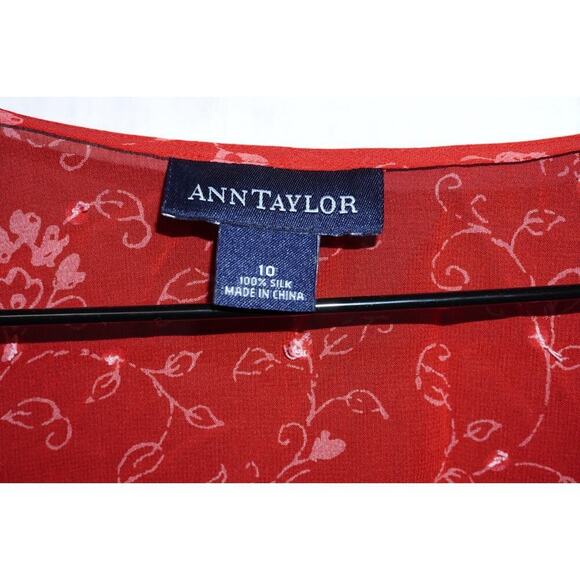 Ann Taylor Silk Blouse Women’s Size 10 Red Floral Tie Front Sheer Top Short Slee - Picture 4 of 12